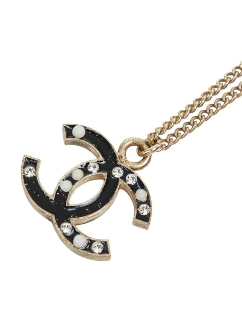 Chanel CC Logo Chain Pendant 07 Black Gold Plated Faux Pearl Rhinestone